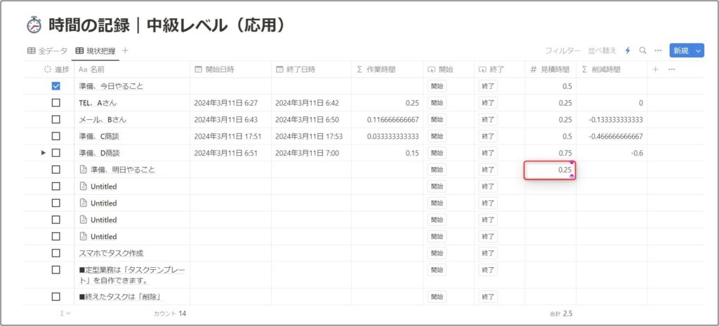 タスク実行前に「見積時間」を入力