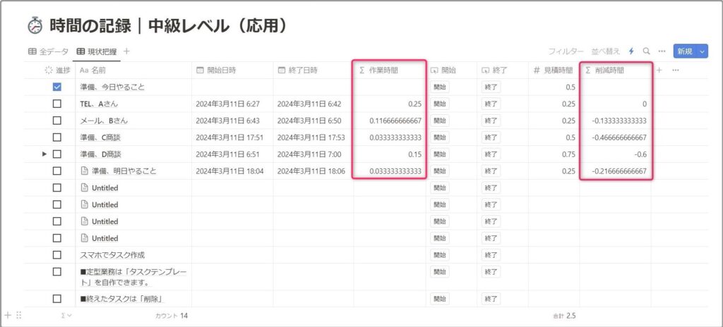 「作業時間」「削減時間」が自動入力される