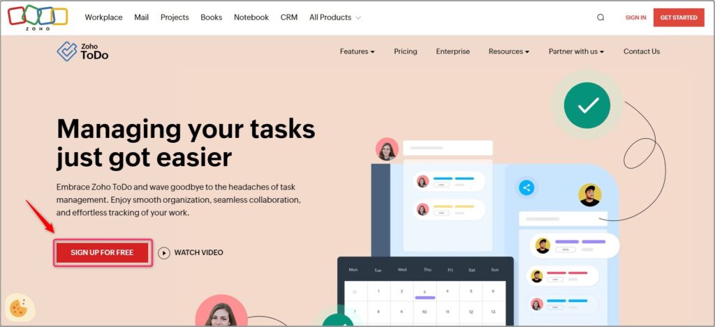 Zoho ToDo公式サイトから「SIGN UP FOR FREE」をクリック